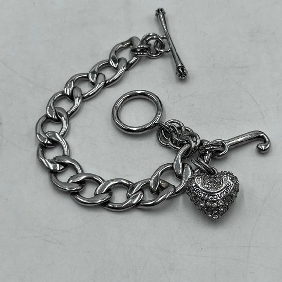 Juicy Couture Silver Tone Toggle Charm Starter Bracelet Pave Heart J - Picture 1 of 9